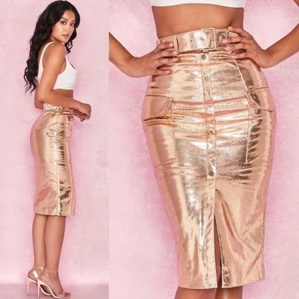 NEW House Of CB Metallic Rose Gold Kassiana Belted Pencil Midi Skirt S NWT